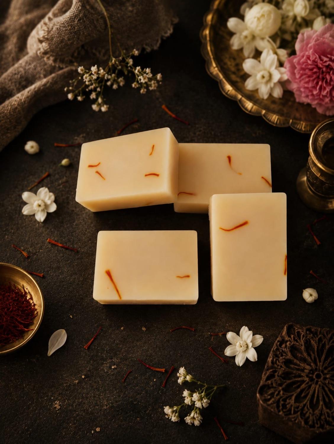 Ethereal Artisan Goat Milk Saffron soap bars, hand-poured and finished with real saffron