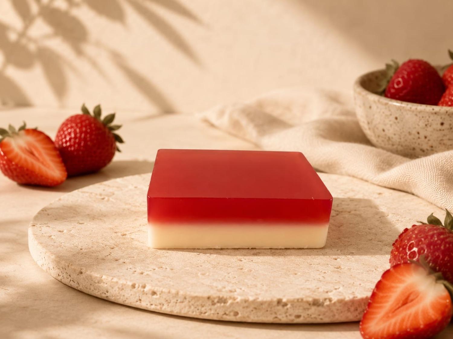 Ethereal Artisan Goat Milk Strawberry soap bar, hand-poured with creamy goat milk and sweet strawberry